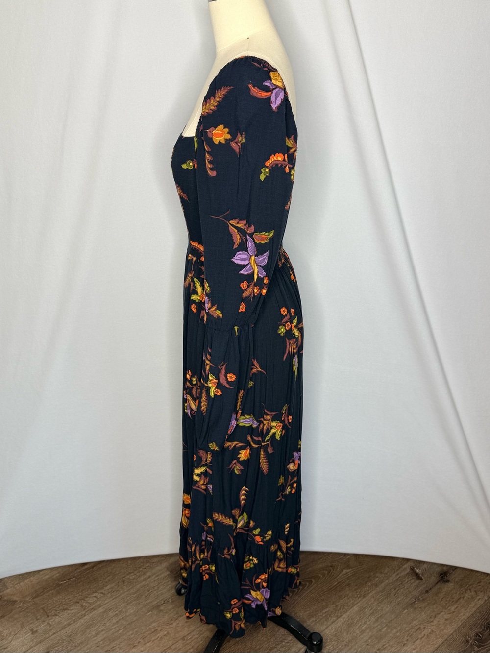 Floral Square-Neck Long Sleeve Maxi Dress - Black with Purple & Orange Floral - Picture 6 of 14